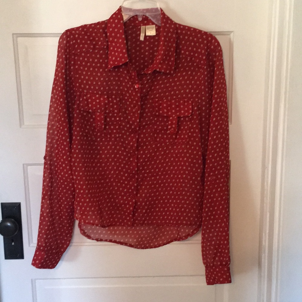 Orange and tan polka dot chiffon button down